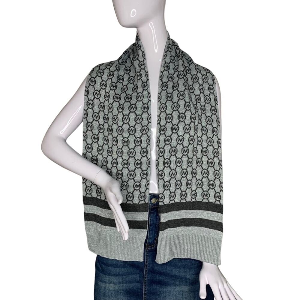 Michael Michael Kors Jet Set Logo Knit Scarf Charcoal and Metallic Silve - Picture 2 of 7